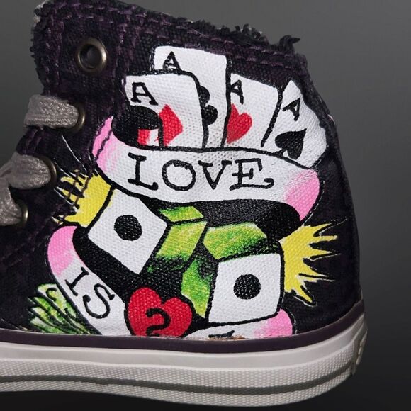 Rare Kids Black Ed Hardy “Love Is” Skull Aces Canvas High Top Sneakers Size 1 - Picture 5 of 12
